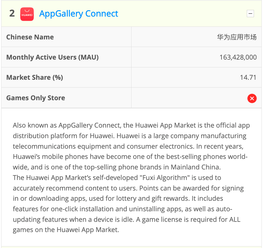 Sample entry from the AppInChina Game Store Index for Huawei AppGallery